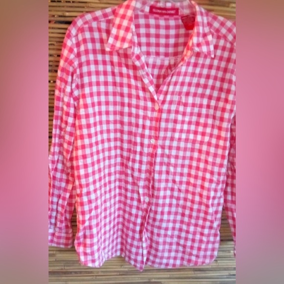 Gloria Vanderbilt L Checked Linen-Cotton Pinky Orangish Button Down Shirt Top - Picture 8 of 8